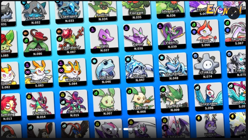 A grid of Evomon from the in-game Dex
